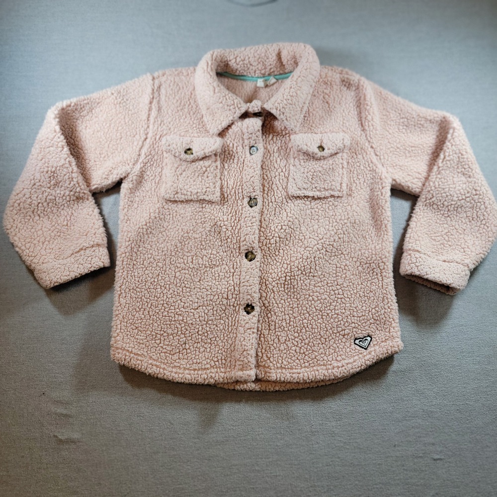 Roxy Sherpa Fleece Shacket Girls L 14/16 Pink Excellent Button Down Faux Fur